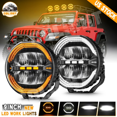 #ad 9Inch Round LED Work Light DRL Spot Flood Driving Fog Amber Lamp Offroad ATV Car $245.99