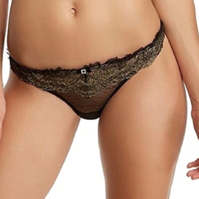 BLACK BOW FELINA LA DAME RUFFLED THONG BLACK LARGE  NWOT
