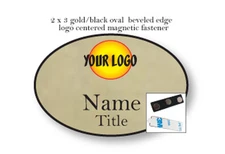 100 GOLD OVAL NAME BADGES FULL COLOR 2 LINE IMPRINT STRONG MAGNETIC FASTENER