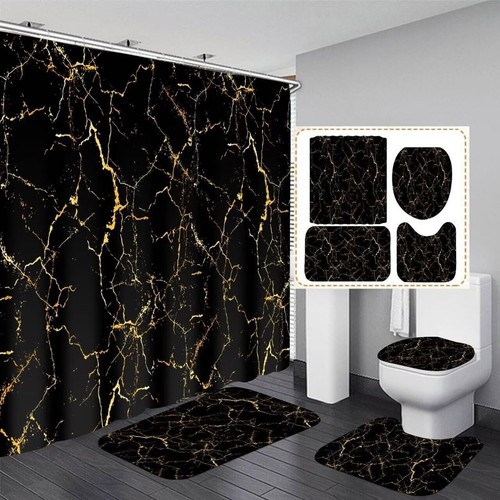 AZHM 4Pcs Shower Curtain Sets Black and Gold Marble Bathroom Sets with Shower Cu