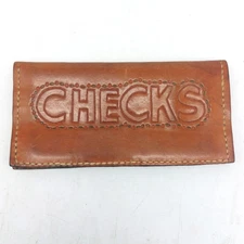Vintage Hand Tooled Brown Leather Checkbook Cover "Checks" Design & Floral Detai