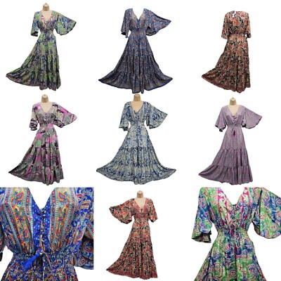 Bohemian Maxi Paisley Kleid Kleid Taschen Schnürung Mieder One Size 10 12 14 16