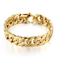 Men 15mm Width Titanium Stainless Steel Gold Plated Hip Hop Style Heavy Bracelet