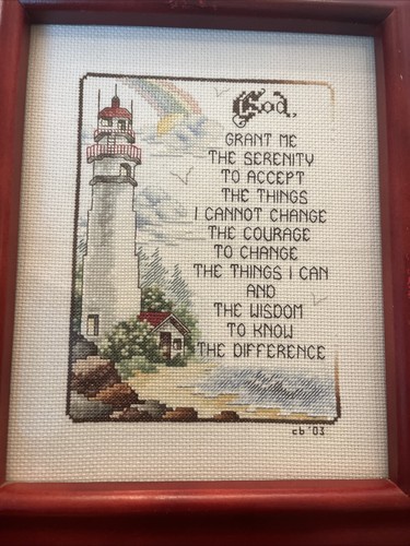 Cross Stitch Serenity Lighthouse Prayer Picture W/Frame Completed 10” X 12”