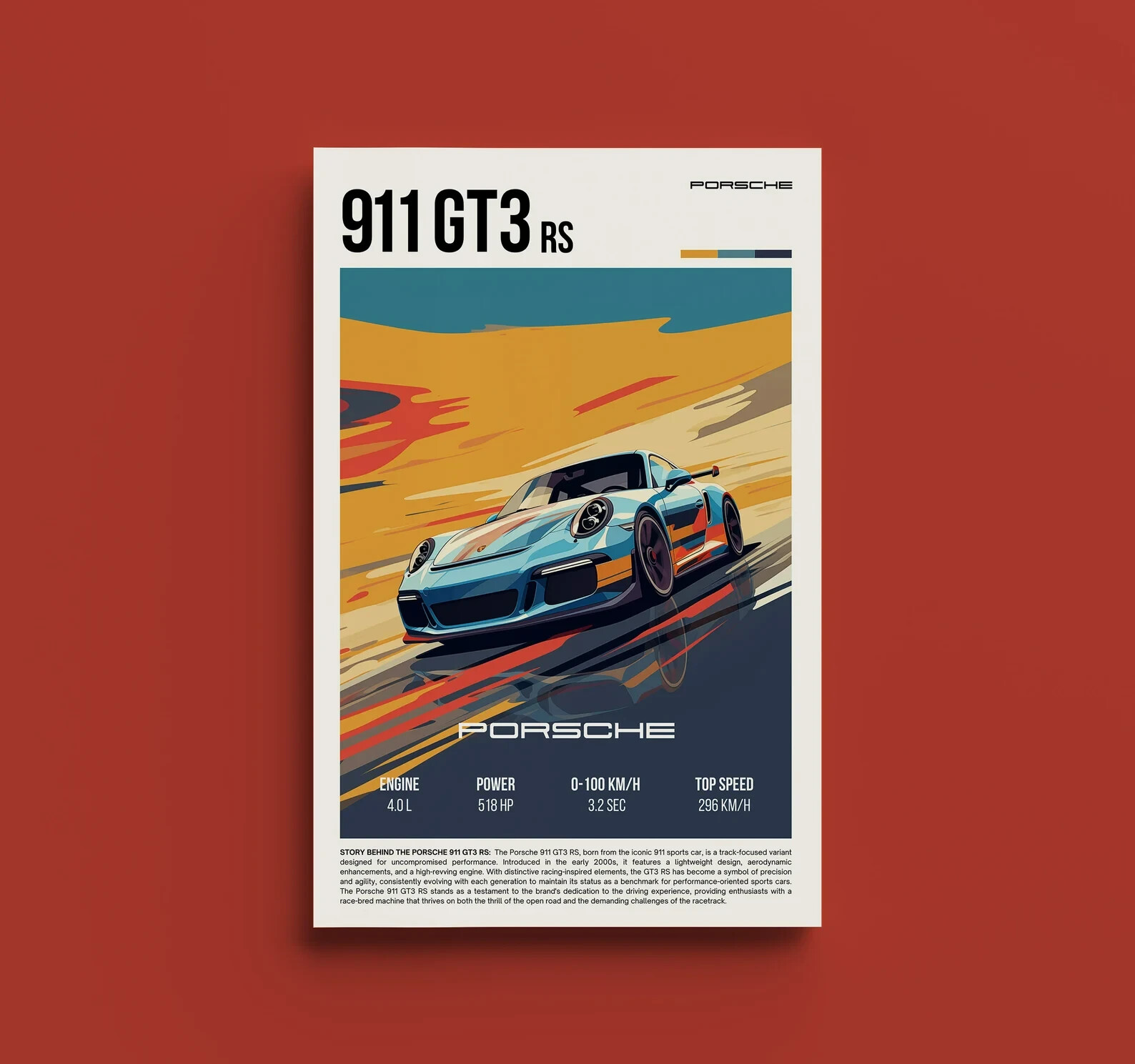 Retro Porsche 911 GT3 RS Vintage Sports Car Poster for Automotive Decor