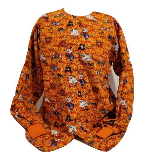 PUMPKIN Explosion HALLOWEEN Nurse Aide Scrub Jacket Metal Snaps Pockets SMALL