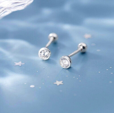925 Sterling Silver Bezel Round CZ Screw Back Helix Tragus Stud Earrings A1048