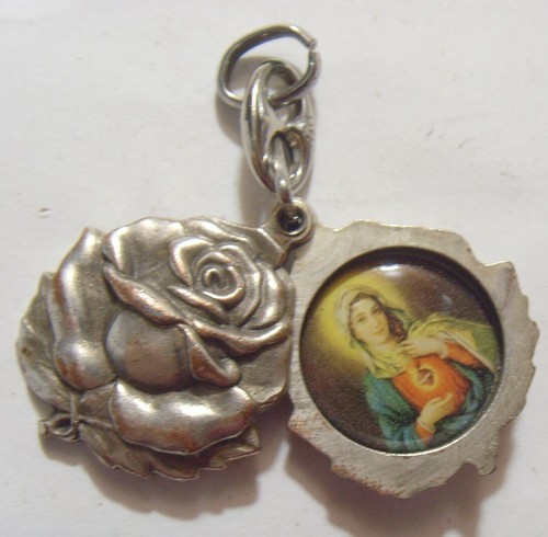 Vintage Doppelschiebe religiös katholisch Heilige Maria Jesus Rose Anhänger 53903
