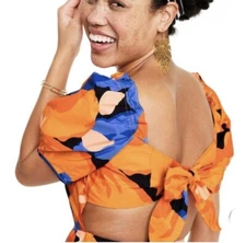 Tabitha Brown x Target Orange/Blue Floral Puff Sleeve Tie Back Midi Dress Sz 0