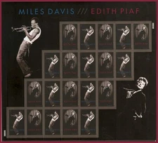 Miles Davis/Edith Piaf Sheet of 20 Current Rate Stamps Scott 4692-93