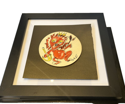 Löwe red lion sign ZM Zeichnung auf Holz gerahmt expressiv Orig. 20x20 Unikat