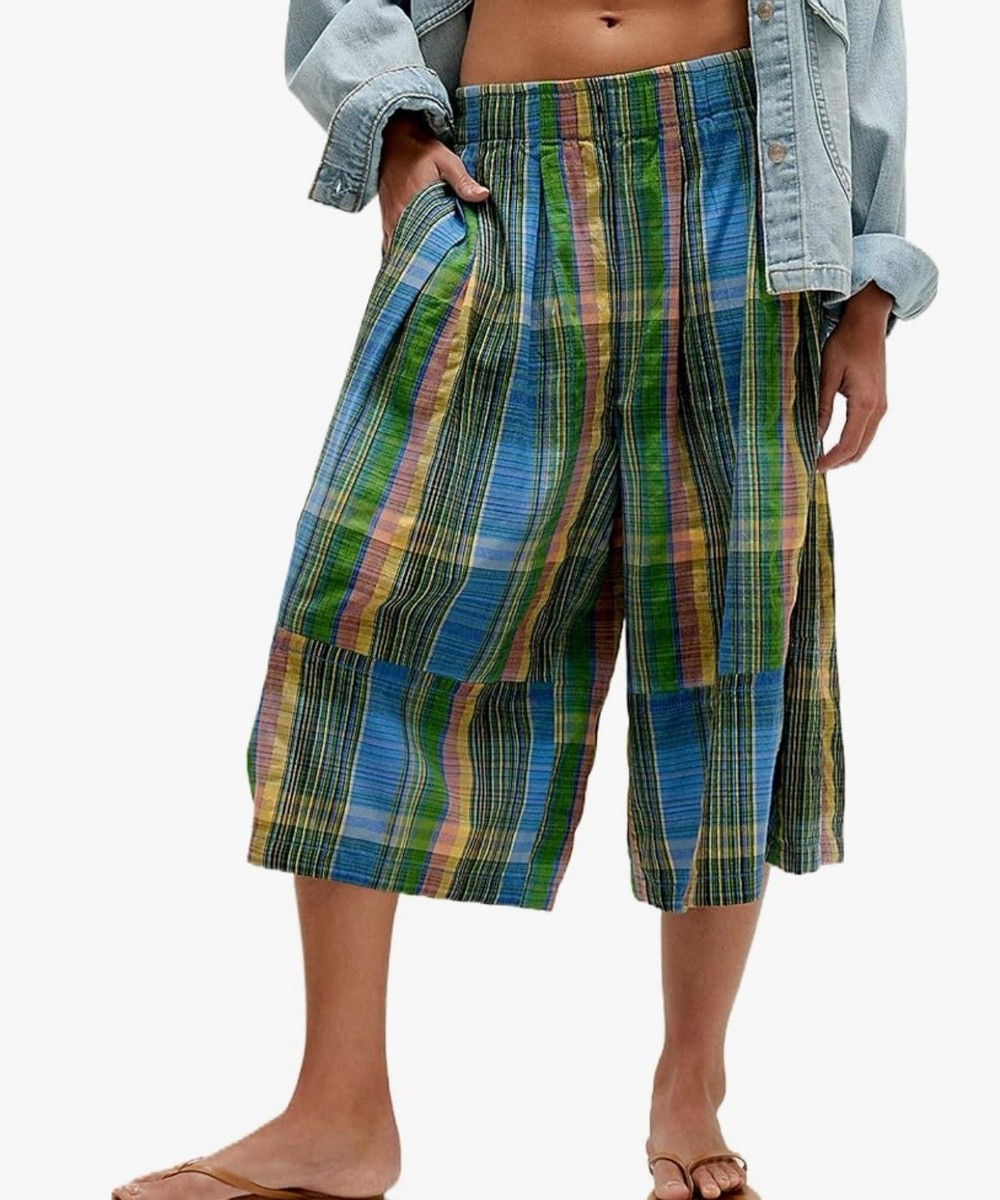 Boho Plaid Madras Culottes Wide Leg Cropped Pants SZ M NEW | eBay