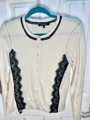 Nanette Lepore Cardigan Sweater Embellished Lace Merino Wool  Size M Pale Pink