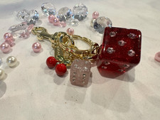 Gold Tone Dice  Cherry Charm Key Chain Keyring, Red Pink Novelty for Women