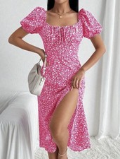 Women Blue White Floral Midi Dress Puff Sleeve Tie Front Side Slit Sundress