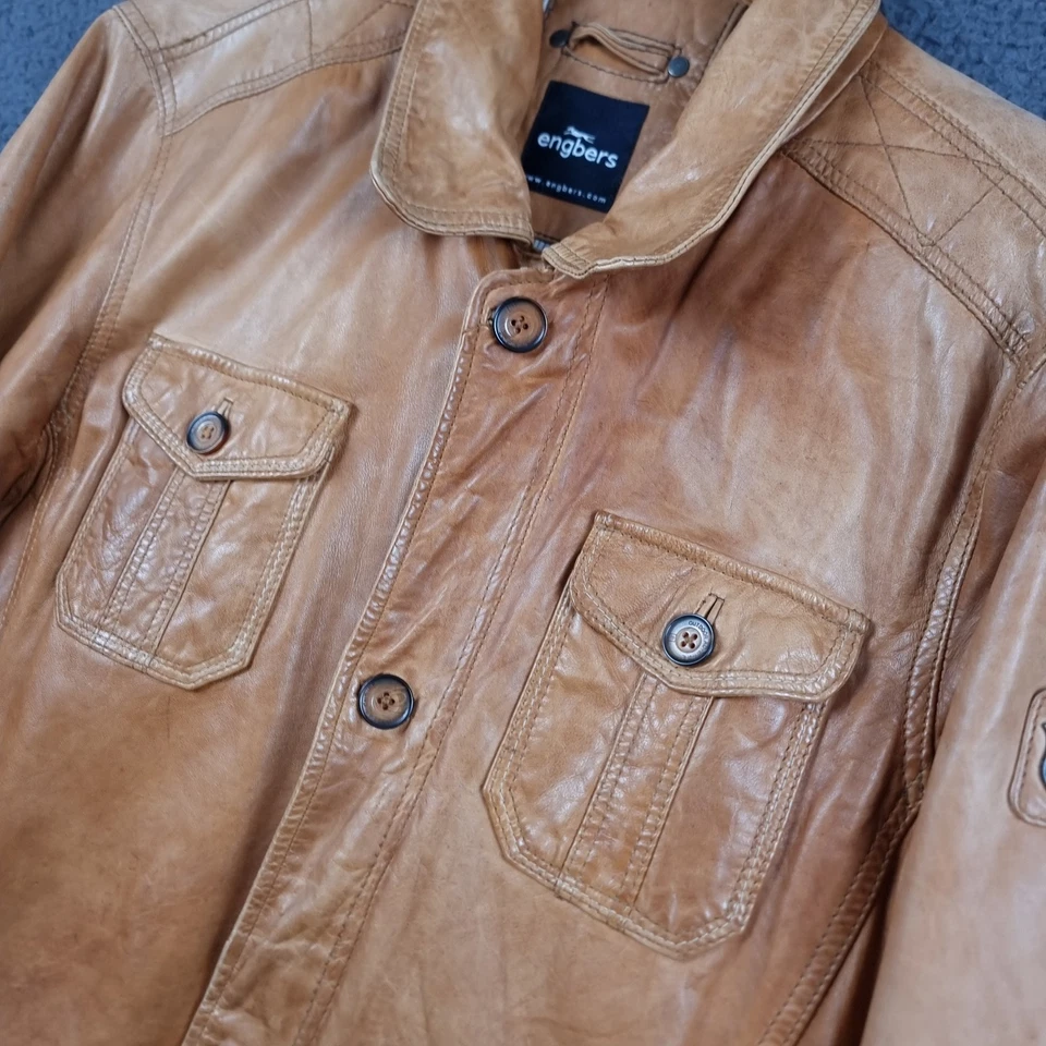 ENGBERS Leather Jacket Mens L Large Tan Brown Lamb Nappa Lambskin Safari Hunting - Image 2 of 4