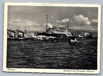 Postcard 1950s Bremen DE SS Europa Ocean Liner Departure Small Boats
