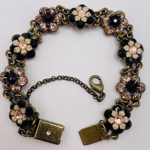 Vintage Signed Michal Negrin Floral Bracelet Pink Purple and Black 7.75 In Long