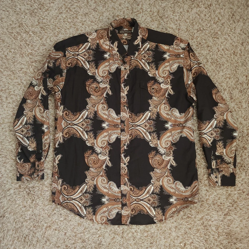 Stetson Western Mens XL Pearl Snap Button Up Long Sleeve Brown Shirt - Image 2 of 4