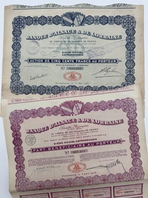 2 Aktien Banque d Alsace et de Lorraine. 1921/1928. Straßburg. Sehr guter Zustand!