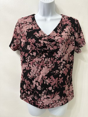 Women s Size Large Rena Rowan Top Pink Black Floral Stretch APPEARS RUNS SMALL