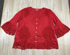 John Mark Womens Size 3X Red Linen Blouse 3/4 Sleeve Button Up Crochet Lace 