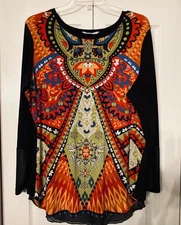 PETER NYGARD WOMEN'S 2X BOHO ART TO WEAR TUNIC TOP COLORFUL PRINT LONG SLEEVE