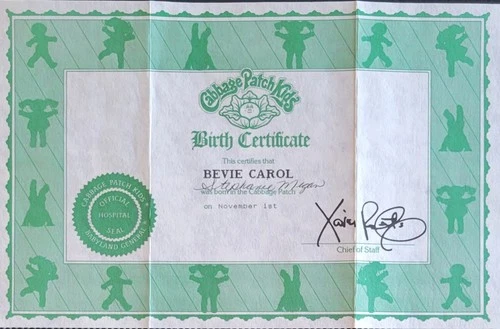 Vintage Cabbage Patch Kids Birth Certificate Girl ~ Bevie Carol ~ Coleco 1980's