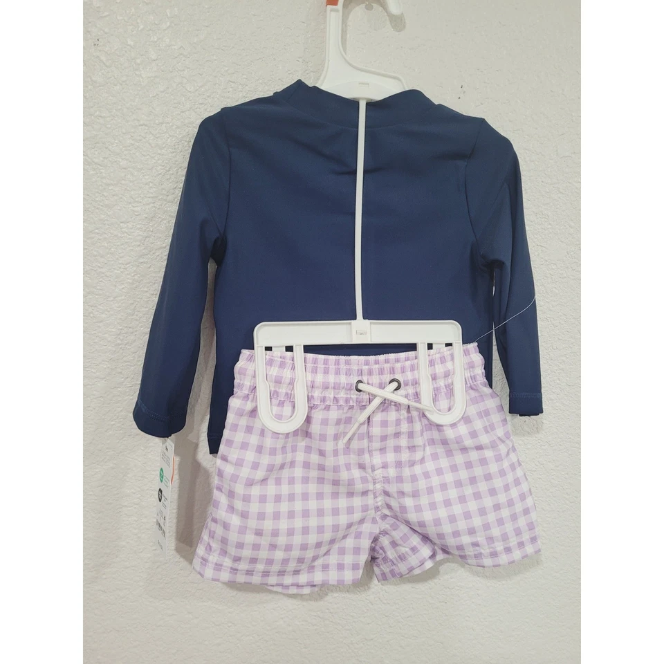 Carters 9M Baby Boy Swimsuit Rash Guard Long Sleeve Lavender Gingham Shorts #2 - Image 3 of 4