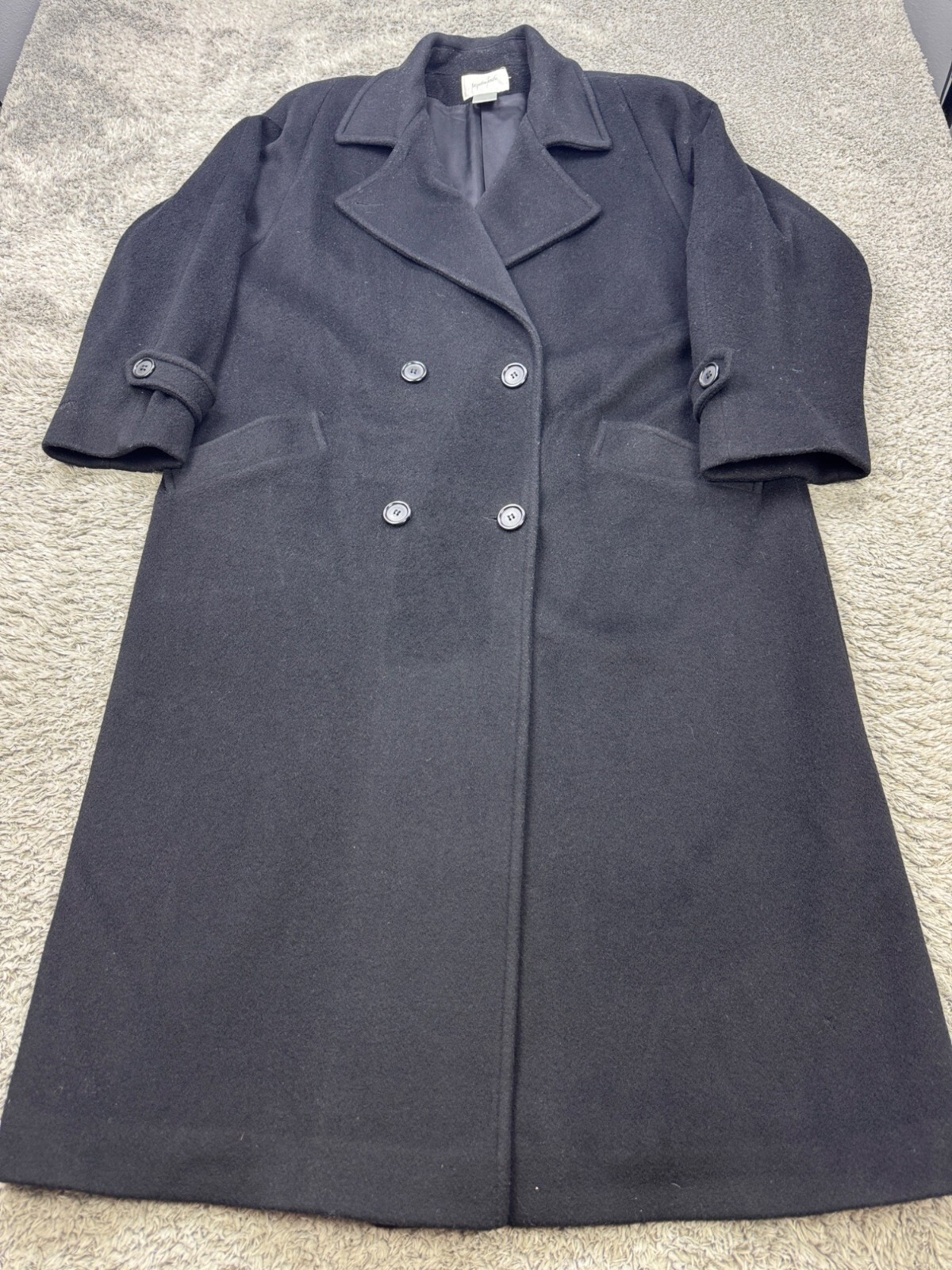 Jacqueline Ferrar Trench Coat Women 14 Black Wool Double Breasted Old Money Vtg