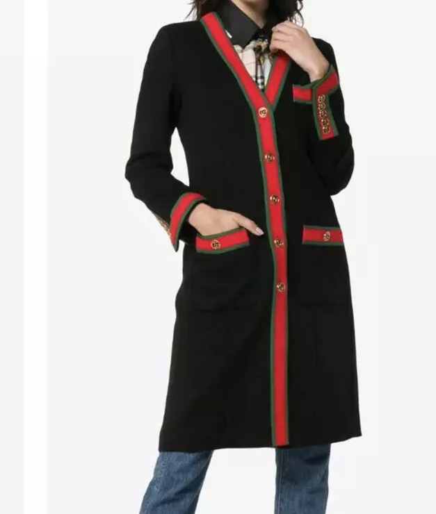Gucci Wool Black Coat Jacket With Grosgrain Web Size 46 US Size 10