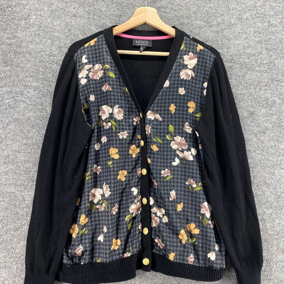 Cárdigan Isaac Mizrahi Mujer L Grande Negro Floral Cuello en V Tejido Manga Larga Botón Foto 3 de 4