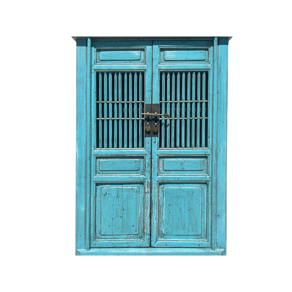 Gabinete de almacenamiento de puertas de persiana para tallar madera delgada azul aguamarina envejecida ws4067 Foto 4 de 4