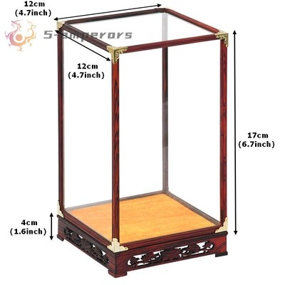 Rosewood Trim Base Display Case Transparent Glass Doll Art Jewelry Dust Cover