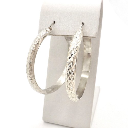 Sterling Silver Round Hoop Earrings Faceted Diamond Cut Large