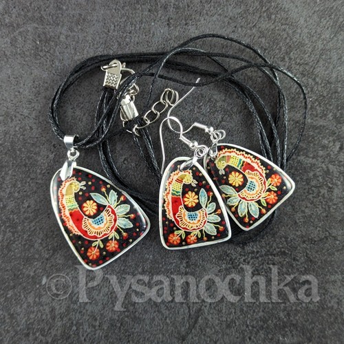 CONJUNTO Pendientes y Colgantes Artesanales Estilo Pysanka en Cáscara de Huevo Tradicional UA - Imagen 3 de 9