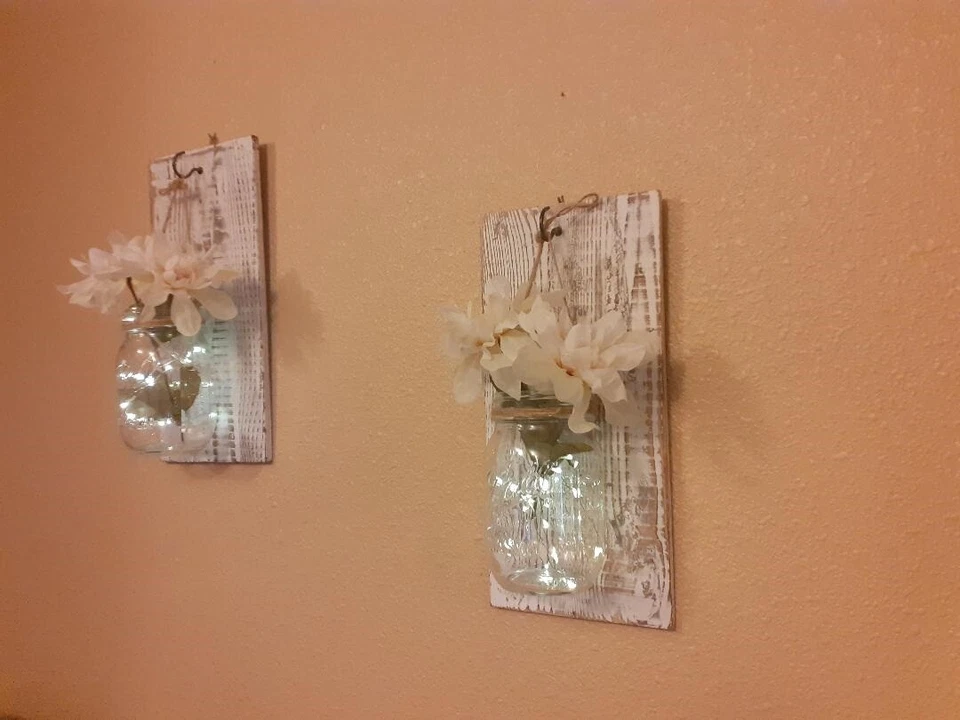 Rustic Hanging Mason Jar Sconce with  Led Fairy lights  - Image 2 of 4