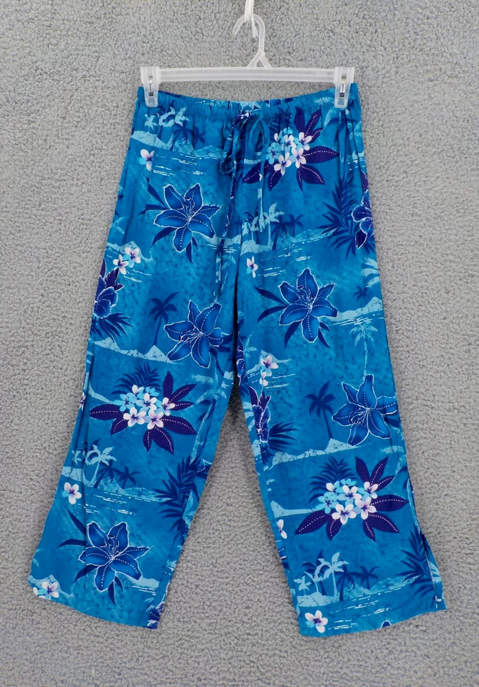 PEPPERMINT BAY CAPRI PANTS WOMENS SZ M BLUE PACIFIC ISLANDS TIE WAIST W ELASTIC