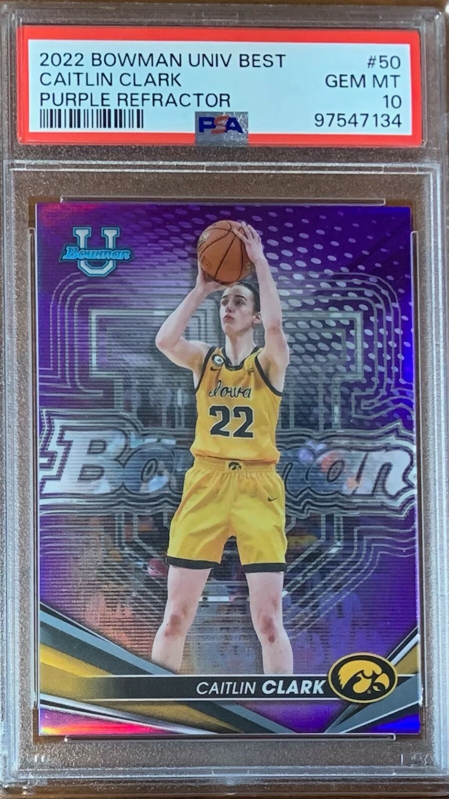 2022 Bowman Univ Best #50 Caitlin Clark Purple Refractor RC 165/250 PSA 10