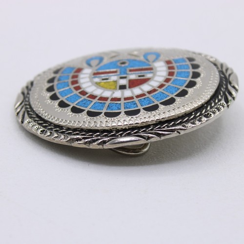 Vintage SSI Zuni Sun Face Turquoise Multi Gemstone Inlay 3" x 2.5" Stainless - Picture 4 of 11