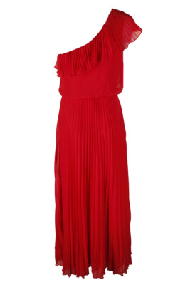Xscape Pleated Chiffon One-Shoulder Gown - Red 4