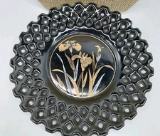 Bijutsu Toki Japan Black Plate Gold Accents Lace Border Iris 1970s READ