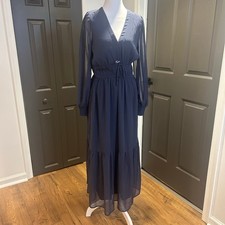 OLD NAVY Sz M Country Blue Maxi Tiered Ruched Sheer Sleeve Fairy Whimsy Boho