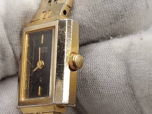 Vintage Citizen CQ Rechteck Damenuhr neue Batterie goldfarben schwarzes Zifferblatt 17mm - Bild 8 von 14