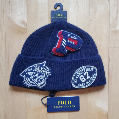 Polo Ralph Lauren Navy Blue TIGER - BIG P - FOOTBALL Patch Knit Beanie Hat NWT