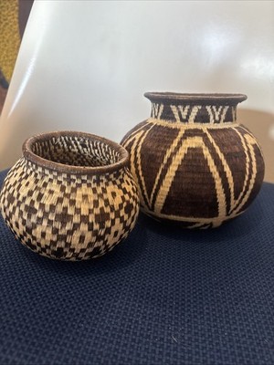 Pair Of Wounaan Embera Panama Handwoven Basket Gorgeous Brown/ivory Geometric