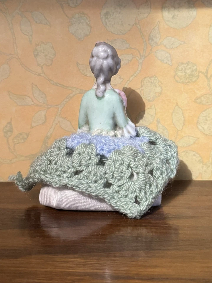 Vintage Half Doll China Pottery Figurine Fabric Base Pin Cushion #SPR170 - Image 3 of 4