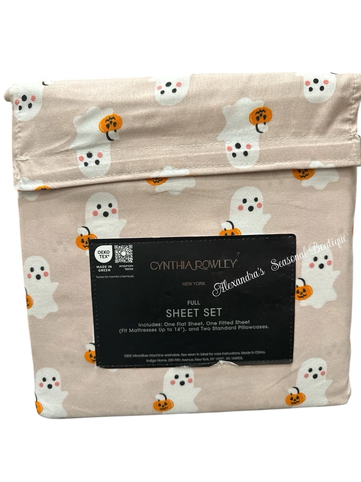 NUEVO Juego de sábanas Cynthia Rowley Halloween rosa tamaño completo 4 piezas cestas de calabaza fantasma Foto 3 de 4
