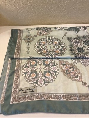 Italy  Bursa 100% Silk  Rectangular Scarf 64x20   Boho Cream Green Floral ( 010