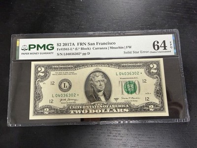 2017-A $2 ERROR STAR NOTE   SOLID STAR ERROR   PMG CHOICE UNC 64 EPQ 2017A